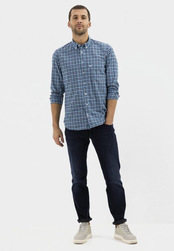 Men's Long Sleeve Checkered Cotton Shirt, Blue-Blue Camel Active CA 409113-5S03-48
