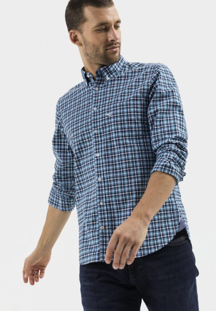 Men's Long Sleeve Checkered Cotton Shirt, Blue-Blue Camel Active CA 409113-5S03-48