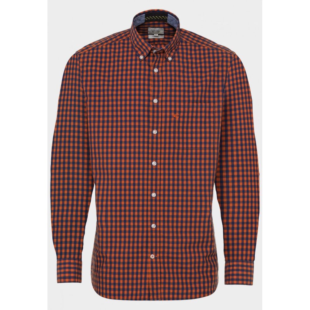 Men's Long Sleeve Checkered Cotton Shirt, Orange-Blue Camel Active CA 409113-5S16-55