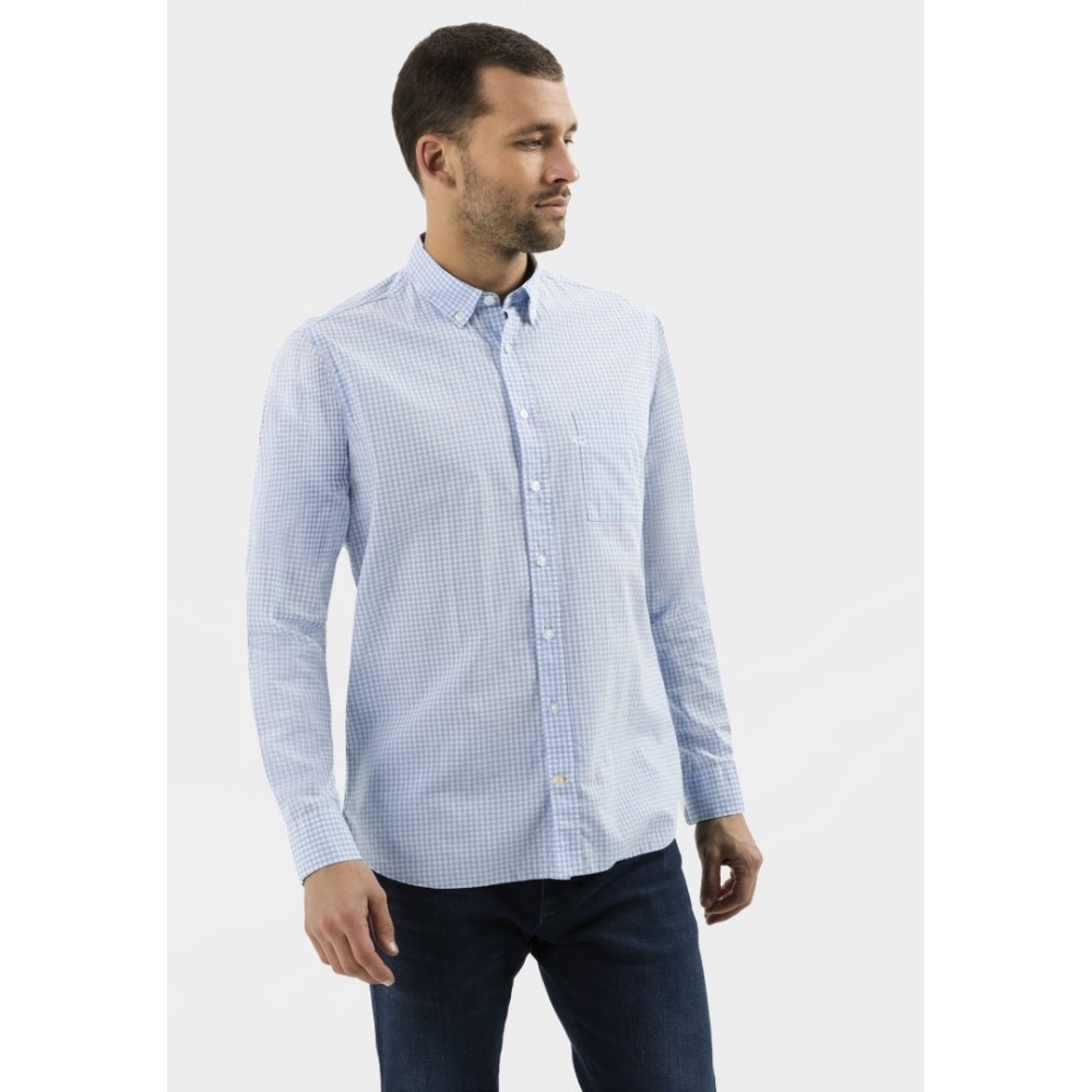 Men's Long Sleeve Checkered Cotton Shirt, Light Blue Camel Active CA 409112-5S02-45