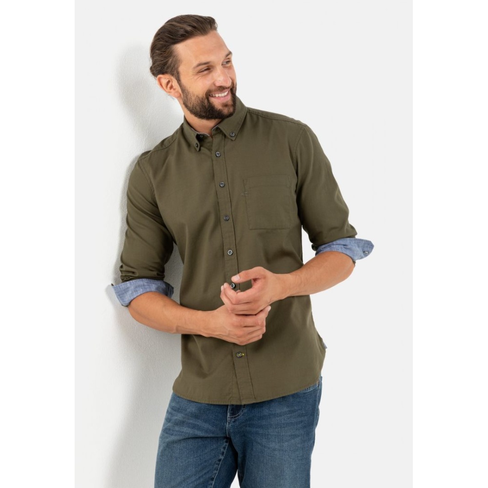 Ανδρικό μακρυμάνικο βαμβακερό πουκάμισο , λαδί χρώμα Camel Active CA 409111-6S01-93
